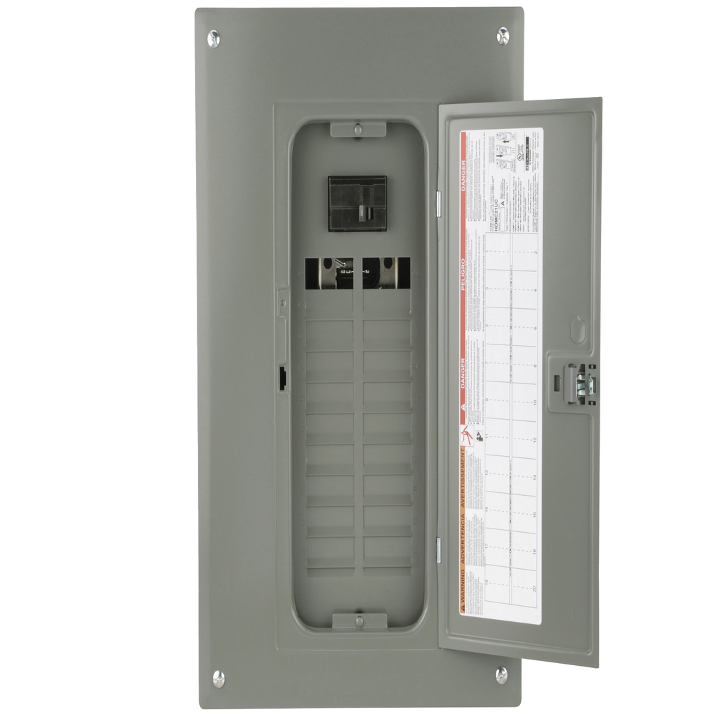 Mayer-DDS-Load center, Homeline, 1 phase, 20 spaces, 40 circuits, 100A convertible main breaker, PoN, NEMA1, combo cover-2