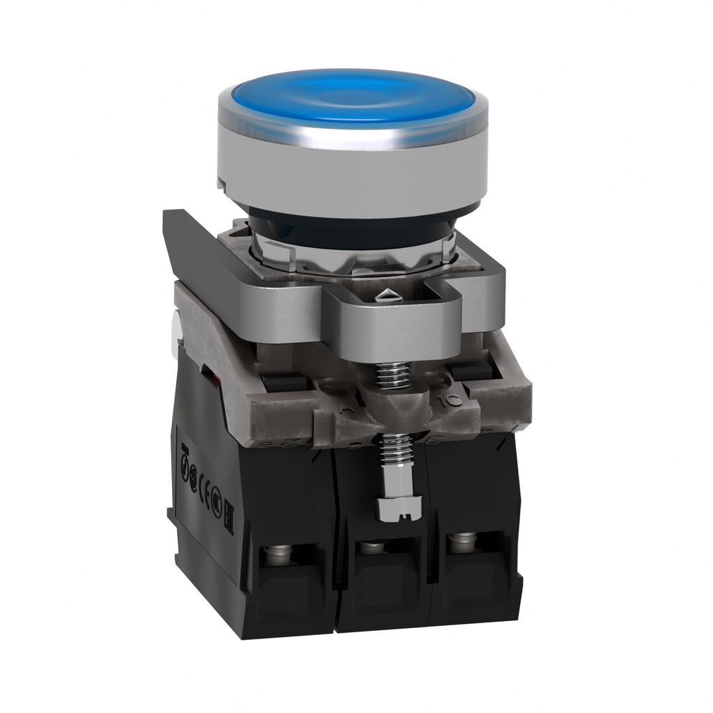 Mayer-DDS-Illuminated push button, Harmony XB4, metal, blue flush, 22mm, universal LED, plain lens, 1NO + 1NC, 24V AC DC-2