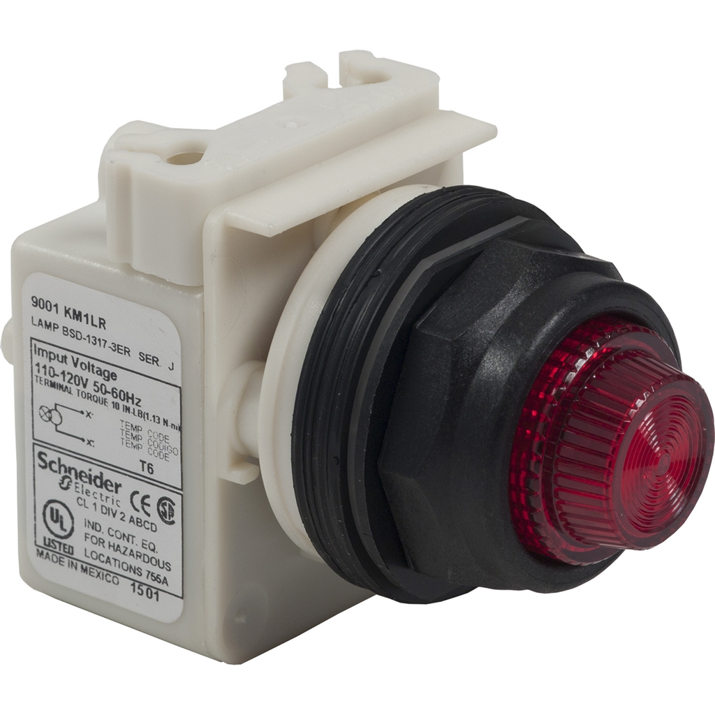 Mayer-DDS-Illuminated selector switch head, Harmony 9001SK, plastic, standard handle, red, 30mm, 3 positions, spring return right to center, 110-120V-1