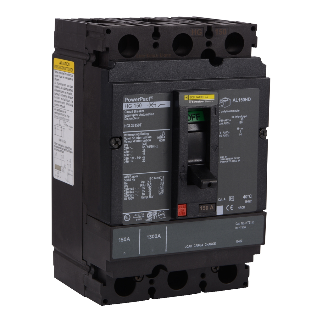 Mayer-DDS-Circuit breaker, PowerPacT H, 150A, 3 pole, 600VAC, 18kA, lugs, thermal magnetic, 80%, interchangeable trip unit-1