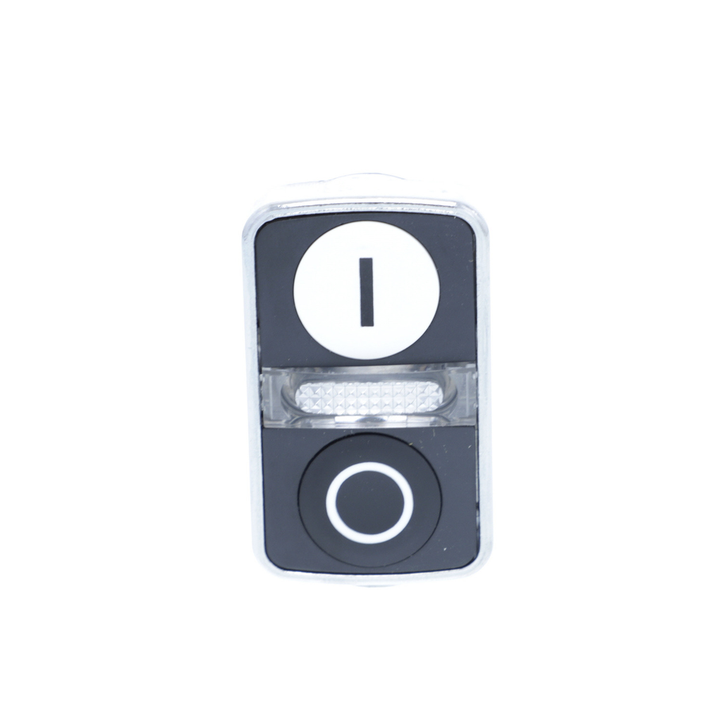 Mayer-DDS-Illuminated double headed push button head, Harmony XB4, metal, 22mm, 1 white flush marked I + 1 pilot light + 1 black flush marked O-2