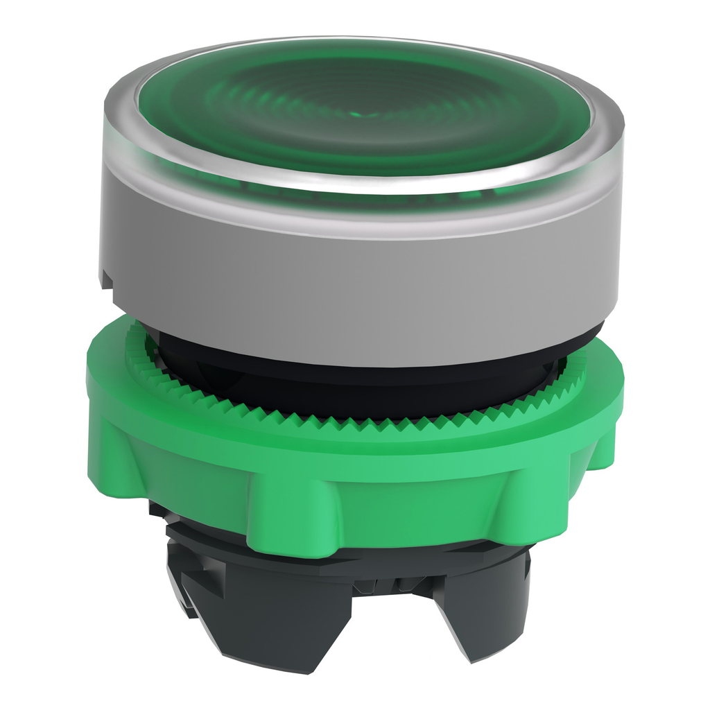 Mayer-DDS-Head for illuminated push button, Harmony XB5, grey bezel, green flush, 22mm, universal LED, grooved lens-2