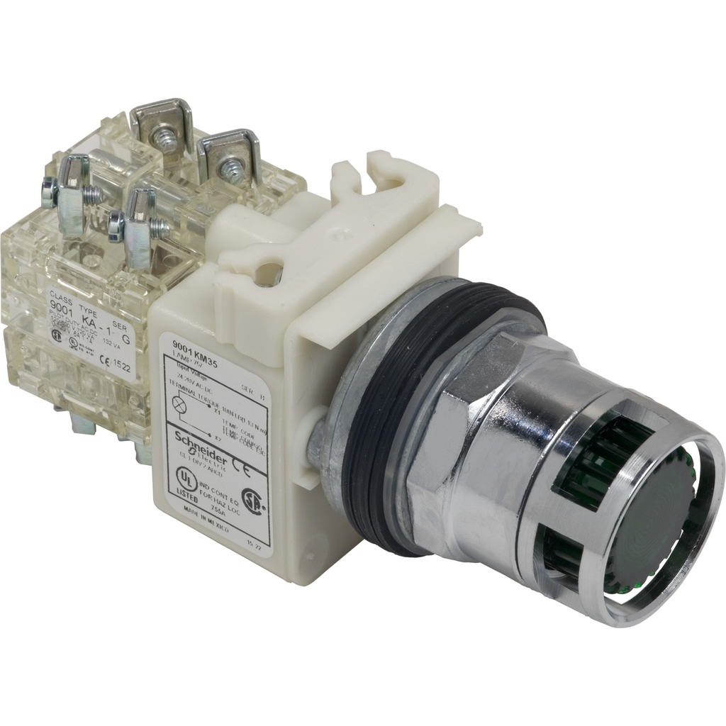 Mayer-DDS-Illuminated push button, Harmony 9001K, metal, metal guard flush, green, 30mm, spring return, 24...28V, screw terminals for lug, 2 C/O-1