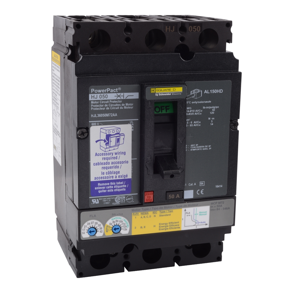 Mayer-DDS-Motor circuit protector, PowerPacT H, 50A, 3 pole, 600VAC, 25kA, lugs, thermal magnetic, 80%, alarm switch-1