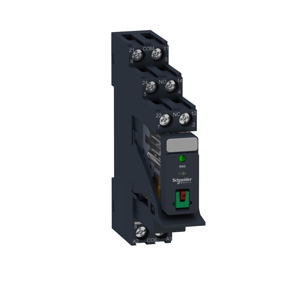 Mayer-DDS-interface plug in relay, Harmony Electromechanical Relays, pre assembled, 5A, 2CO, with LED, lockable test but to n, 24V AC-1