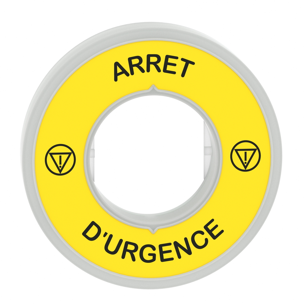 Mayer-DDS-Illuminated marked legend ring, Harmony XB5, 60mm, plastic, yellow, red fixed integral LED, marked ARRET D'URGENCE, 110...120V AC-2