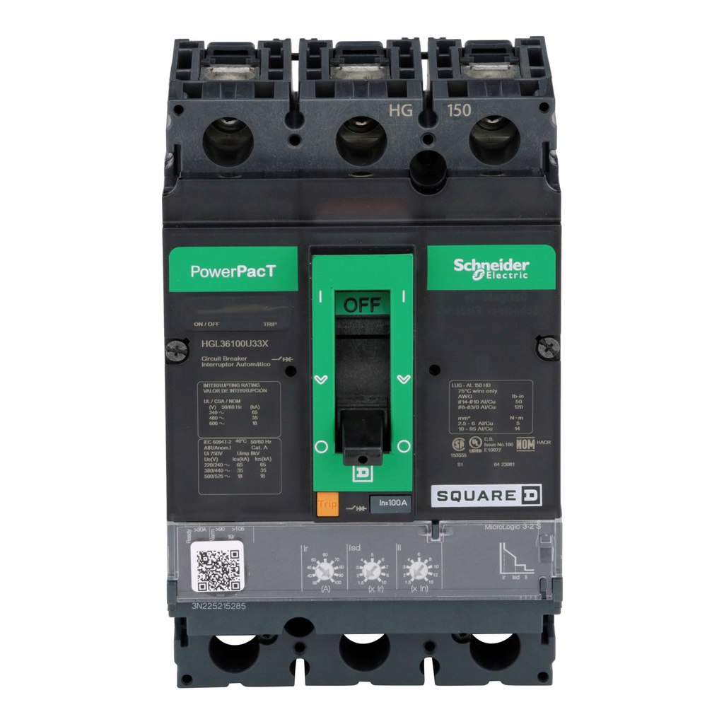 Mayer-DDS-Circuit breaker, PowerPacT H, 100A, 3 pole, 600VAC, 18kA, lugs, Micrologic 3.2S, 80%-2