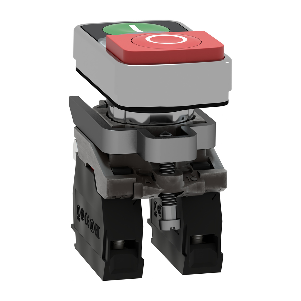 Mayer-DDS-Illuminated double headed push button, Harmony XB4, metal, 22mm, 1 green flush I + 1 pilot light + 1 red projecting O, 120V AC, 1NO + 1NC-2