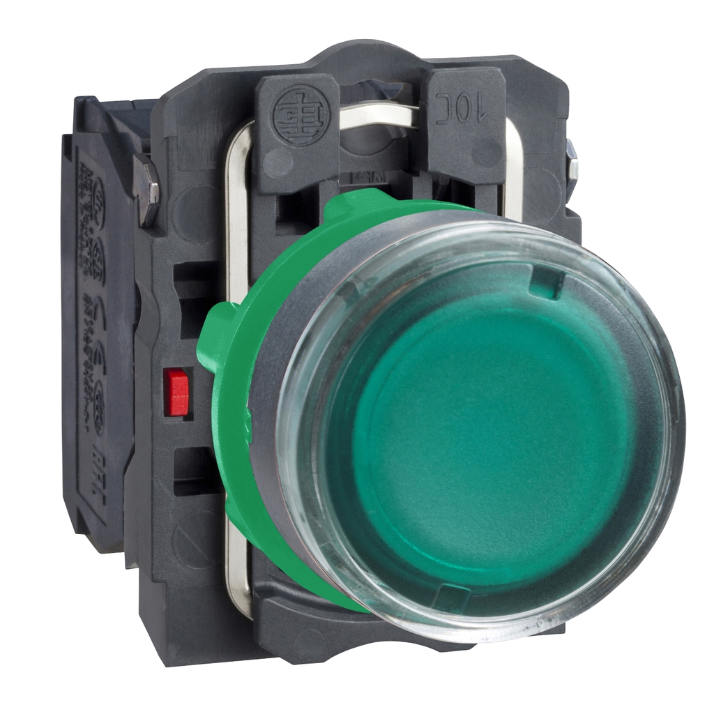 Mayer-DDS-Illuminated push button, Harmony XB5, plastic, flush, green, 22mm, plain lens for BA9s bulb, spring return, 220 to 240V AC, 1 NO + 1 NC-1