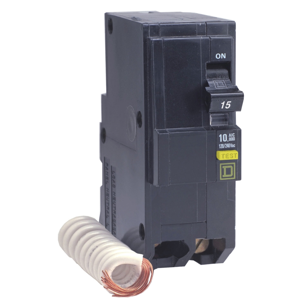 Mayer-DDS-Mini circuit breaker, QO, 15A, 1 pole, 120VAC, 10kA, bolt on, 6mA grd fault A, pigtail, 50 deg C [TAA]-1
