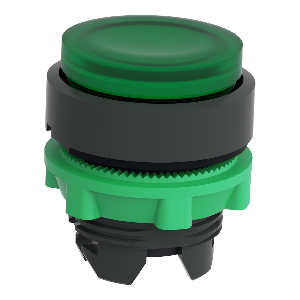 Mayer-DDS-Head for illuminated push button, Harmony XB5, round green projecting, 22mm, universal LED, push to release, unmarked-2