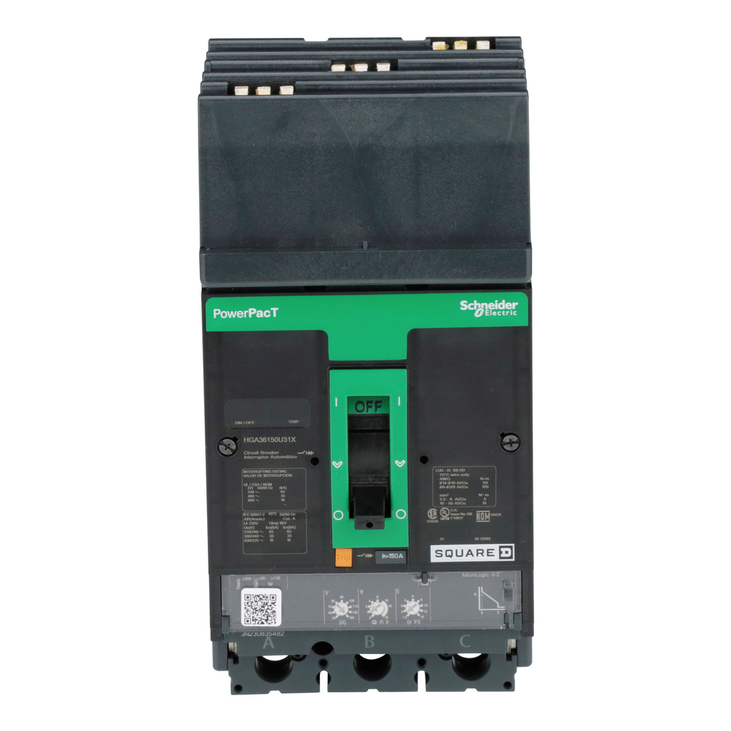 Mayer-DDS-Circuit breaker, PowerPacT H, 150A, 3 pole, 600VAC, 18kA, I-Line, Micrologic 3.2, 80%, ABC-2