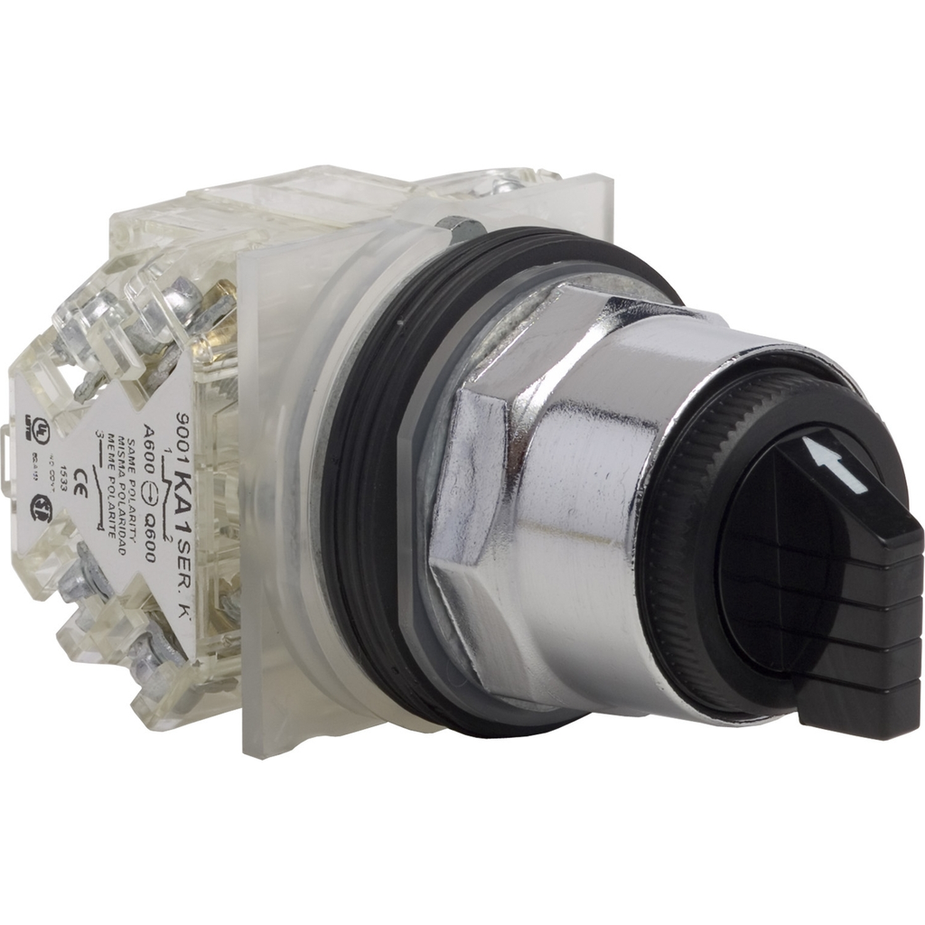 Mayer-DDS-Selector switch, Harmony 9001K, metal, standard handle, black, 30mm, 3 positions, return both sides to center, 2 C/O-1