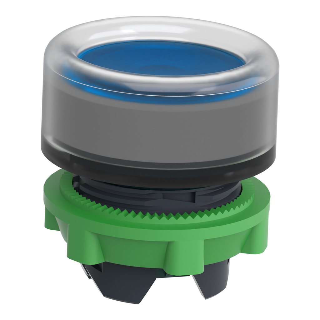 Mayer-DDS-Head for illuminated push button, Harmony XB5, grey bezel, blue flush, 22mm, universal LED, spring return, clear boot-2