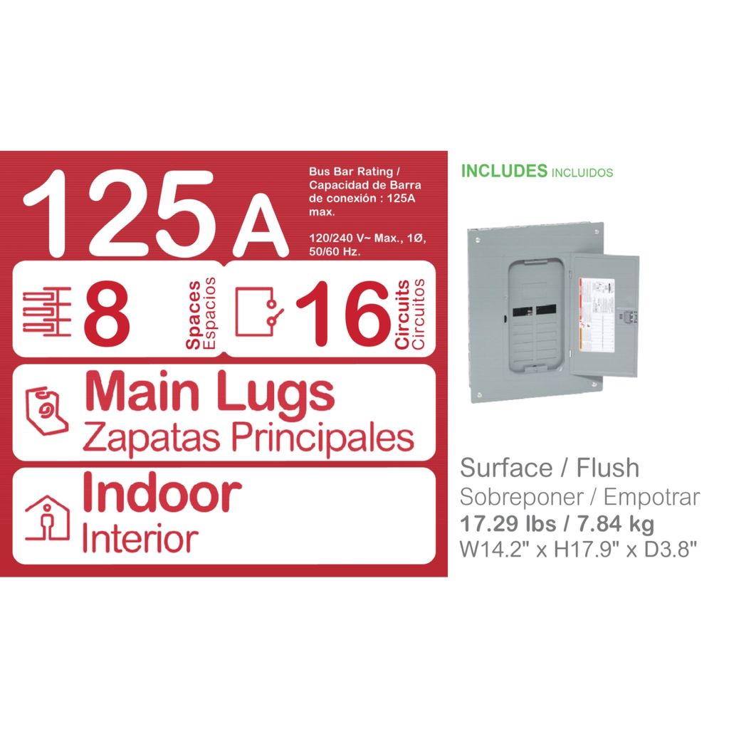 Mayer-DDS-Load center, Homeline, 1 phase, 8 spaces, 16 circuits, 125A convertible main lugs, PoN, NEMA1, combo cover-2