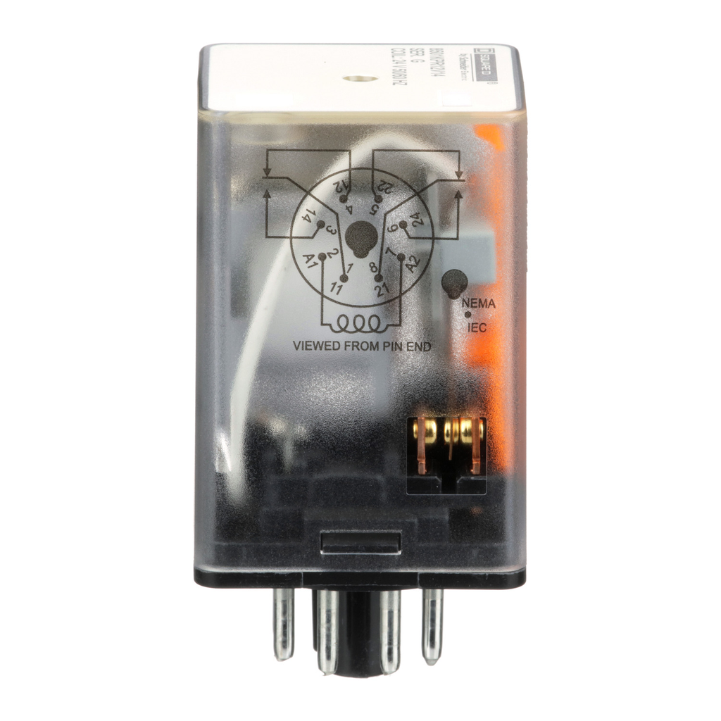 Mayer-DDS-Plug in relay, Type KP, tubular, 1 HP at 277 VAC, 10A resistive at 120 VAC, 8 pin, DPDT, 2 NO, 2 NC, 12 VAC coil-2