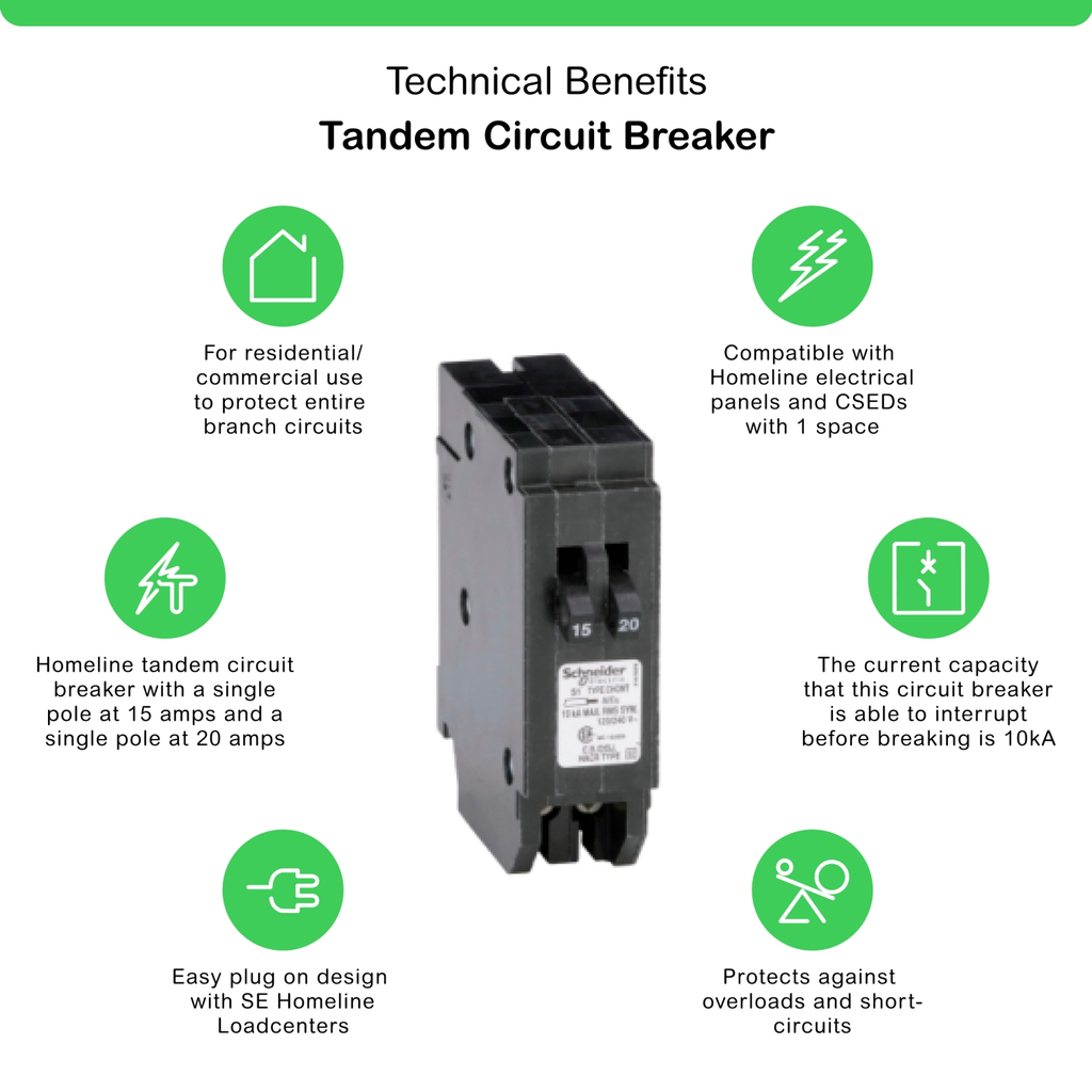 Mayer-DDS-Tandem circuit breaker, Homeline, 1 x 1 pole at 15A, 1 x 1 pole at 20A, 120/240VAC, 10kA AIR, plug in, UL-2
