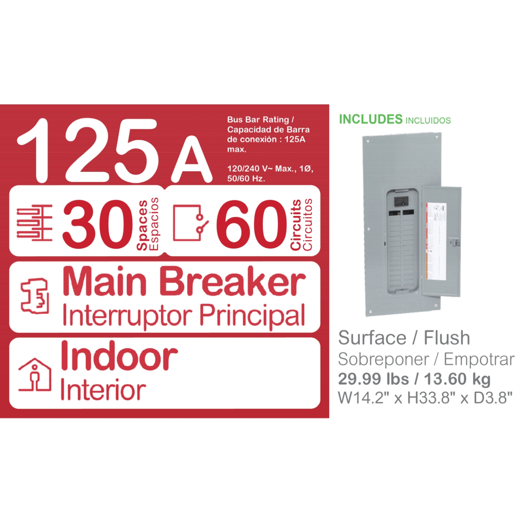 Mayer-DDS-Load center, Homeline, 1 phase, 30 spaces, 60 circuits, 125A convertible main breaker, PoN, NEMA1, combo cover-2