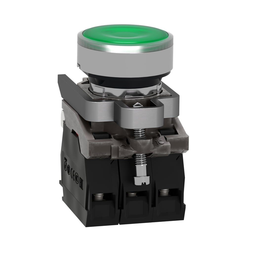Mayer-DDS-Illuminated push button, Harmony XB4, metal, green flush, 22mm, universal LED, plain lens, 1NO + 1NC, 24V AC DC-2