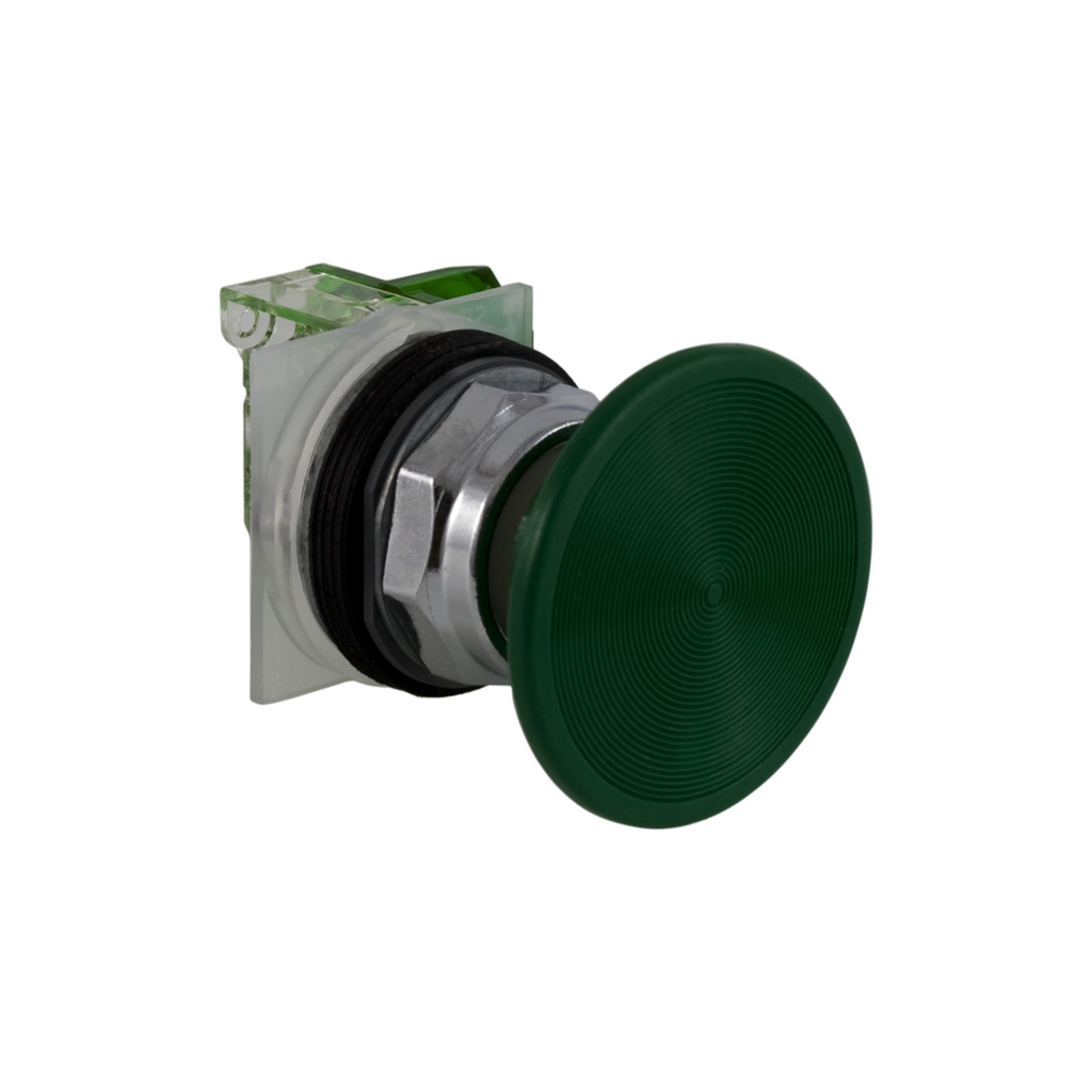 Mayer-DDS-Push-button, Harmony 9001K, metal, mushroom 57mm, green, 30mm, spring return, 1 NO-1