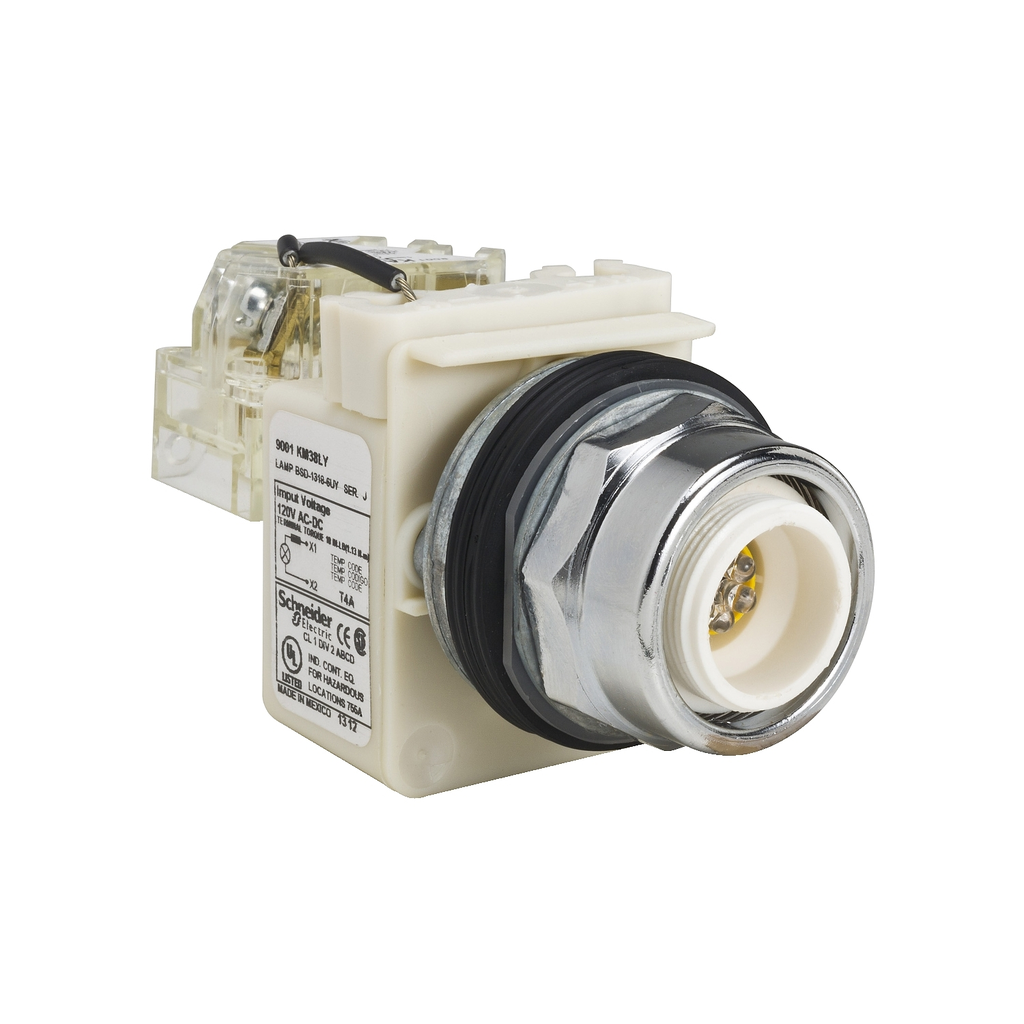 Mayer-DDS-30mm push button, Type K, push to test pilot light, yellow LED light module, 120VAC/VDC, no lens, NEMA 4, 13-1
