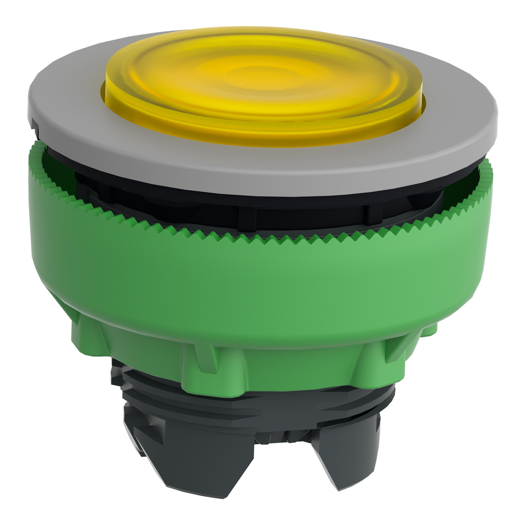 Mayer-DDS-Head for illuminated push button, Harmony XB5, grey bezel, yellow projecting, 30mm, universal LED, push-push, unmarked-2