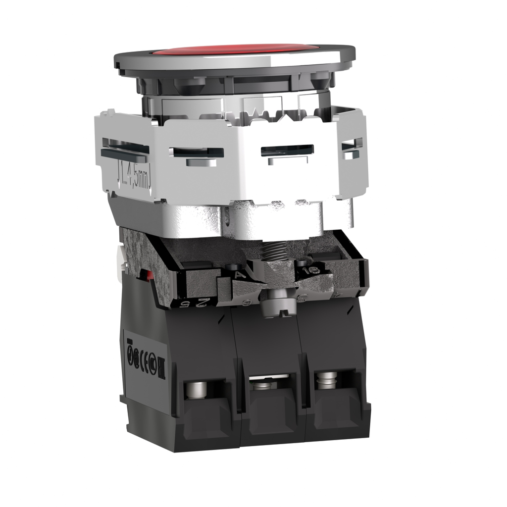 Mayer-DDS-Illuminated push button, Harmony XB4, metal, red flush mounted, 30mm, universal LED, plain lens, 1NO + 1NC, 24V AC DC-2