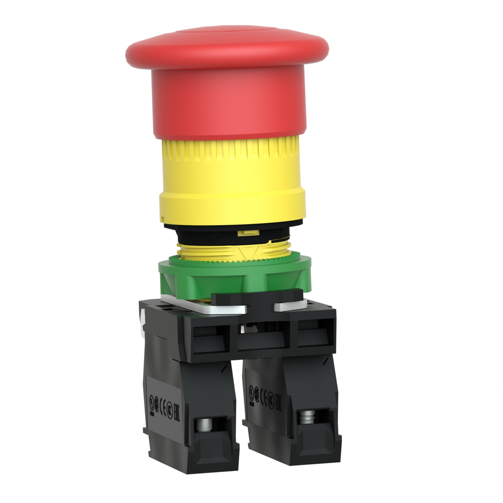 Mayer-DDS-Emergency stop switching off, Harmony XB5, plastic, red mushroom 40mm, 22mm trigger latching push pull, 1NO+1NC-2