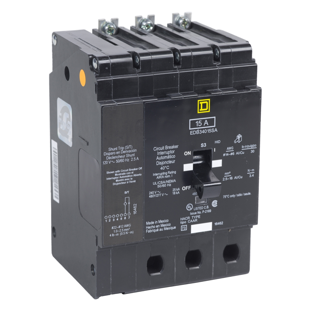 Mayer-DDS-Mini circuit breaker, E-Frame, 15A, 3 pole, 480Y/277VAC, 25kA max, bolt on, aux switch, alarm switch [TAA]-1