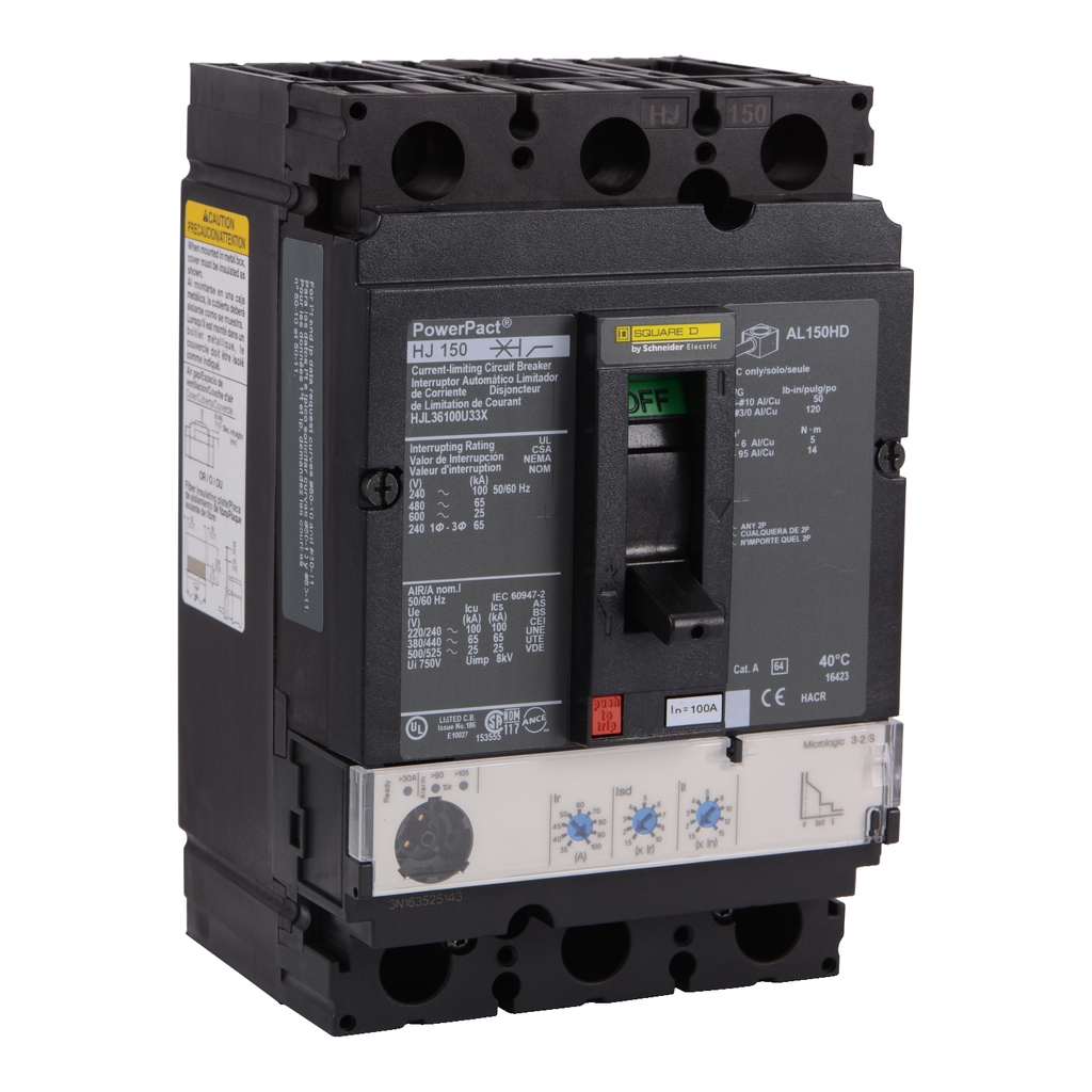 Mayer-DDS-Circuit breaker, PowerPacT H, 100A, 3 pole, 600VAC, 25kA, lugs, Micrologic 3.2S, 80%-1