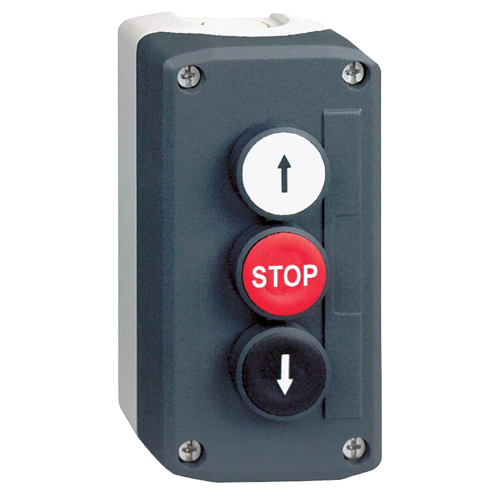 Mayer-DDS-Complete control station, Harmony XALD, XALK, dark grey, flush push buttons 22mm, white up arrow 1NO red STOP 1NC black down arrow 1NO-1
