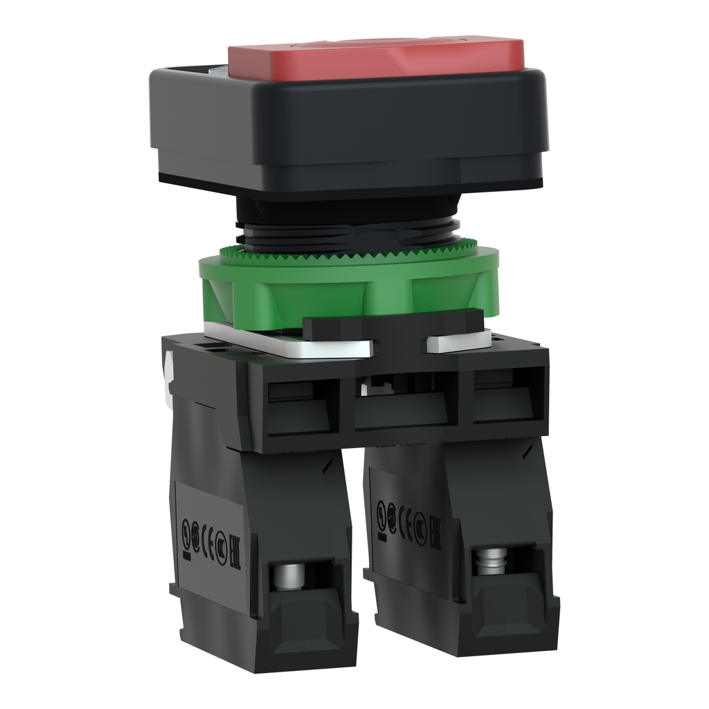 Mayer-DDS-Illuminated double headed push button, Harmony XB5, plastic, 22mm, 1 green flush I + 1 pilot light + 1 red projecting O, 1 NO + 1 NC-2