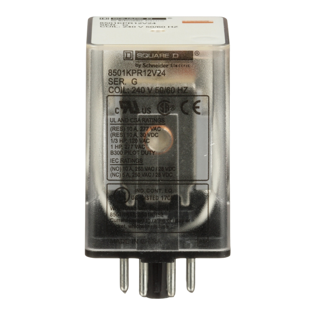 Mayer-DDS-Relay, Harmony 8501K, DPDT, 8 pins, coil, 10A resistive at 120V AC, 240V AC, 1 HP at 277V AC, 2NO + 2NC-2