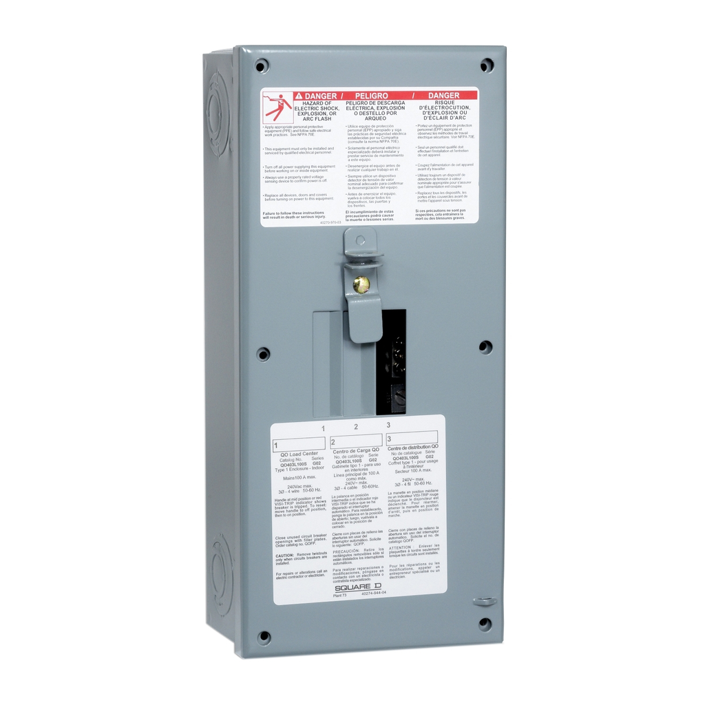 Mayer-DDS-Load center, QO, 3 phase, 3 spaces, 3 circuits, 100A main lugs, NEMA1, surface cover, CSA-1