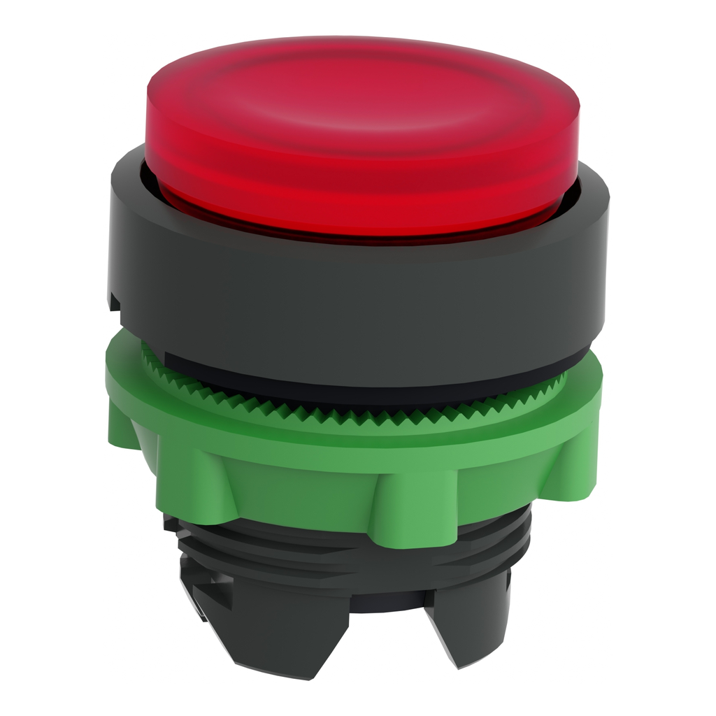 Mayer-DDS-Head for illuminated push button, Harmony XB5, plastic, red projecting, 22mm, universal LED, spring return, plain lens-2