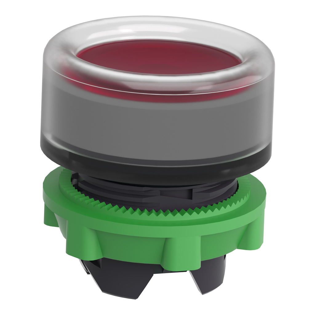 Mayer-DDS-Head for illuminated push button, Harmony XB5, grey bezel, red flush, 22mm, universal LED, spring return, clear boot-2