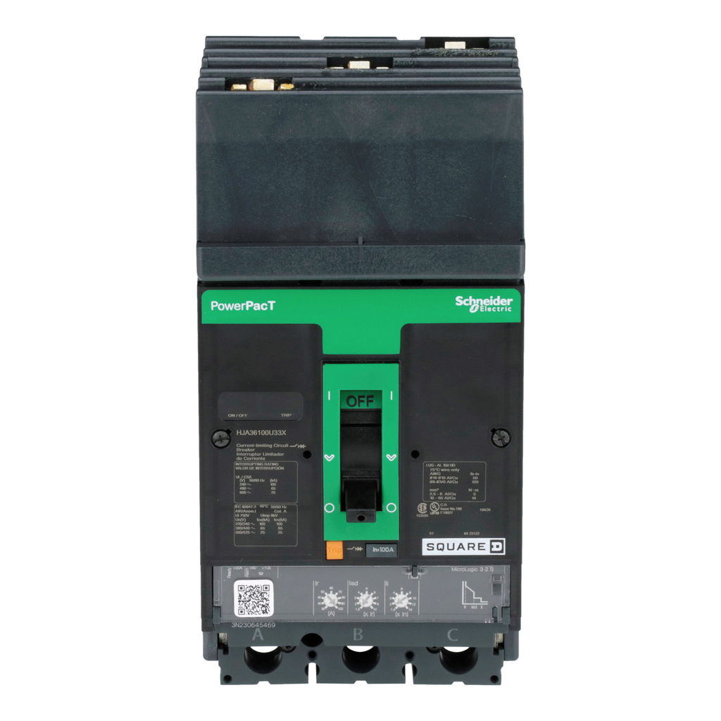 Mayer-DDS-Circuit breaker, PowerPacT H, 100A, 3 pole, 600VAC, 25kA, I-Line, Micrologic 3.2S, 80%, ABC-2