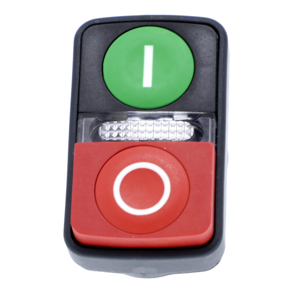 Mayer-DDS-Illuminated double headed push button head, Harmony XB5, plastic, 22mm, 1 green flush I + 1 pilot light + 1 red projecting O-2