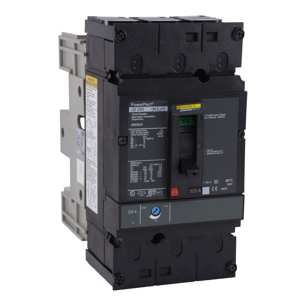 Mayer-DDS-Circuit breaker, PowerPacT J, 225A, 3 pole, 600VAC, 14kA, plug in, thermal magnetic, 80%-1