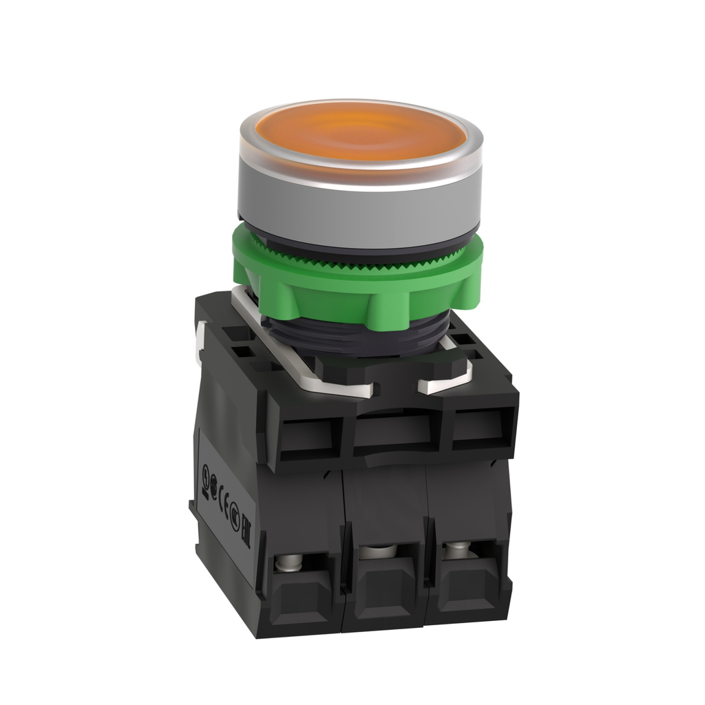 Mayer-DDS-Illuminated push button, Harmony XB5, grey bezel, orange flush, 22mm, universal LED, plain lens, 1NO + 1NC, 120V-2