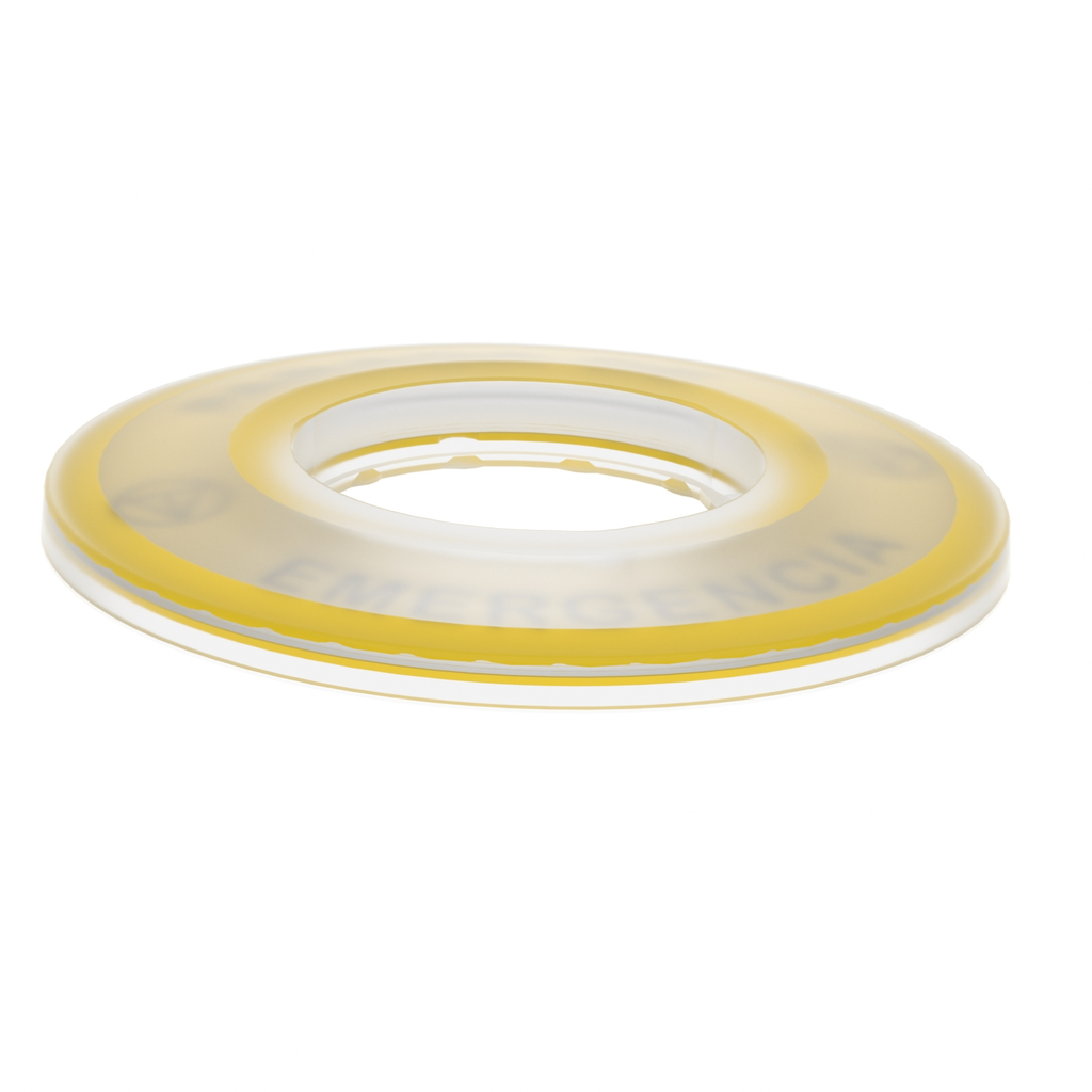 Mayer-DDS-Legend, Harmony XB4, plastic, yellow, 90mm, for emergency stop, marked PARADA DE EMERGENCIA with logo ISO13851-2