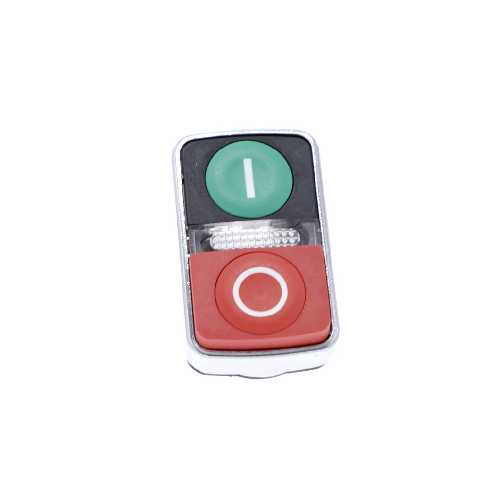 Mayer-DDS-Illuminated double headed push button head, Harmony XB4, metal, 22mm, marked, 1 green flush I + 1 pilot light + 1 red projecting O-2