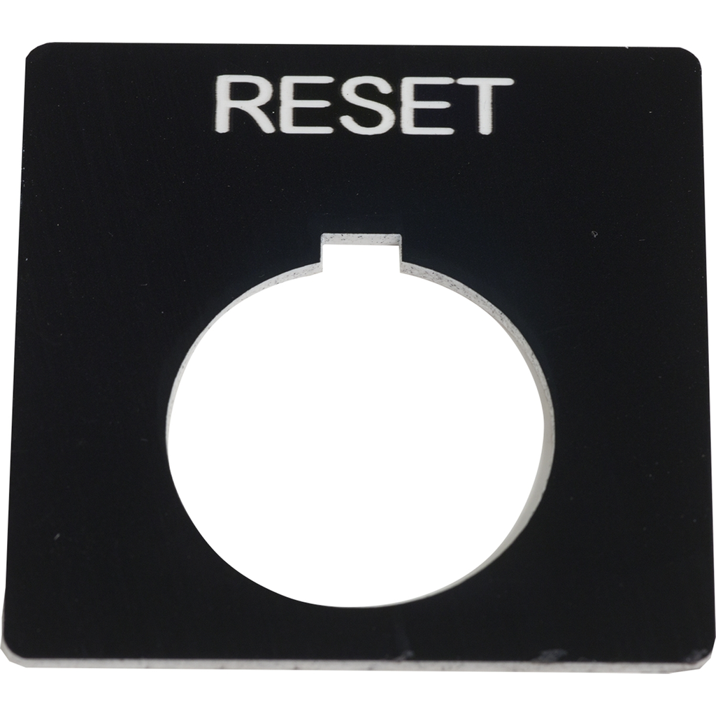 Mayer-DDS-Harmony 9001K, Harmony 9001SK, legend, 30mm, plastic, black with white letters, 57mm square, marking RESET-1