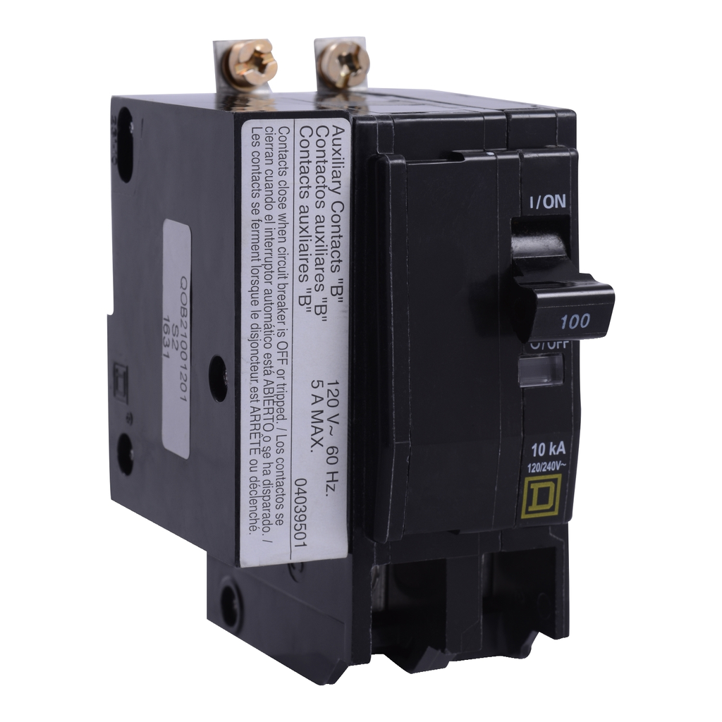 Mayer-DDS-Mini circuit breaker, QO, 100A, 2 pole, 120/240VAC, 10kA, bolt on, aux switch 1B-1