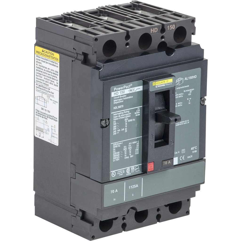 Mayer-DDS-Circuit breaker, PowerPacT H, 70A, 3 pole, 600VAC, 14kA, lugs, thermal magnetic, 80%-2