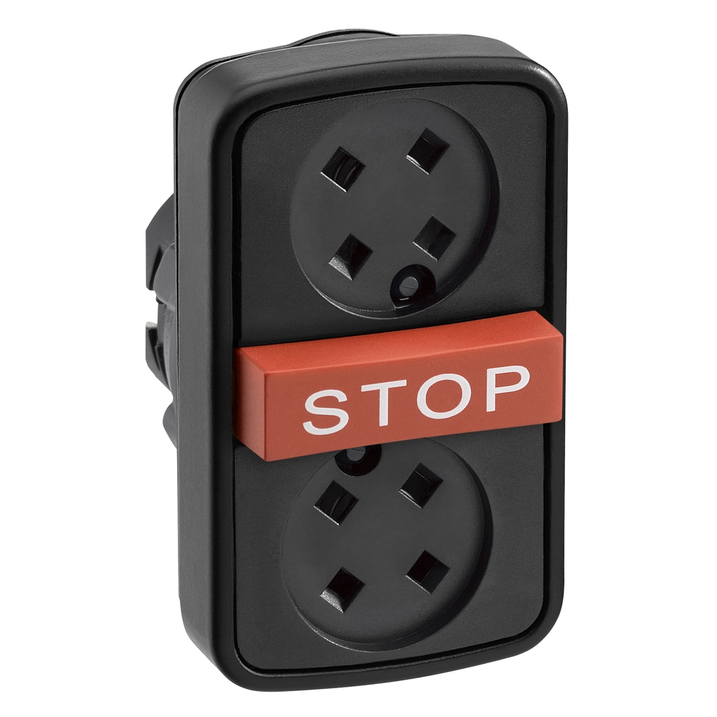 Mayer-DDS-Head for triple headed push button, Harmony XB5, 2 flush without cap, 1 red projecting, 22mm, marked STOP-1