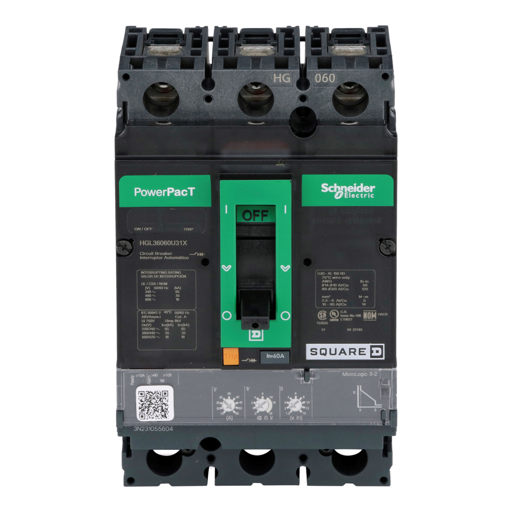 Mayer-DDS-Circuit breaker, PowerPacT H, 60A, 3 pole, 600VAC, 18kA, lugs, Micrologic 3.2, 80%-2