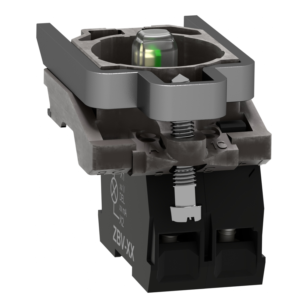 Mayer-DDS-Complete body contact assembly and light block, Harmony XB4, with body fixing collar, universal LED, 24V, 1NC-2