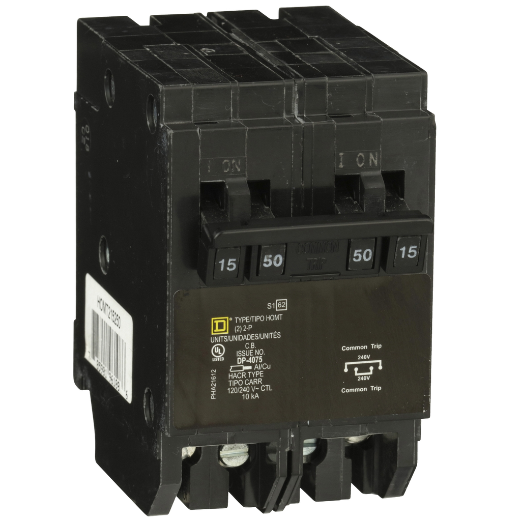 Mayer-DDS-Quad tandem circuit breaker, Homeline, 1 x 2 pole at 15A, 1 x 2 pole at 50A, 120/240VAC, 10kA AIR, plug in, UL-1