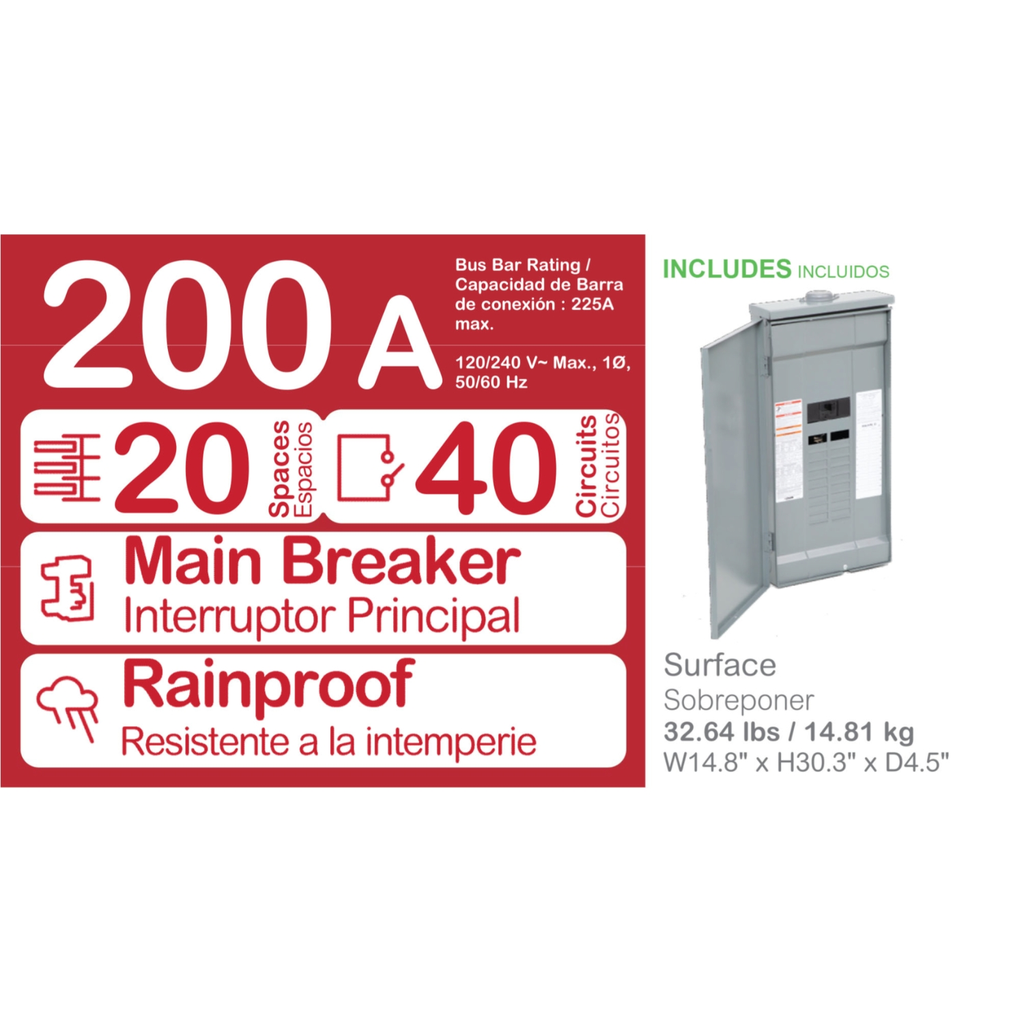 Mayer-DDS-Load center, Homeline, 1 phase, 20 spaces, 40 circuits, 200A convertible main breaker, PoN, NEMA3R-2